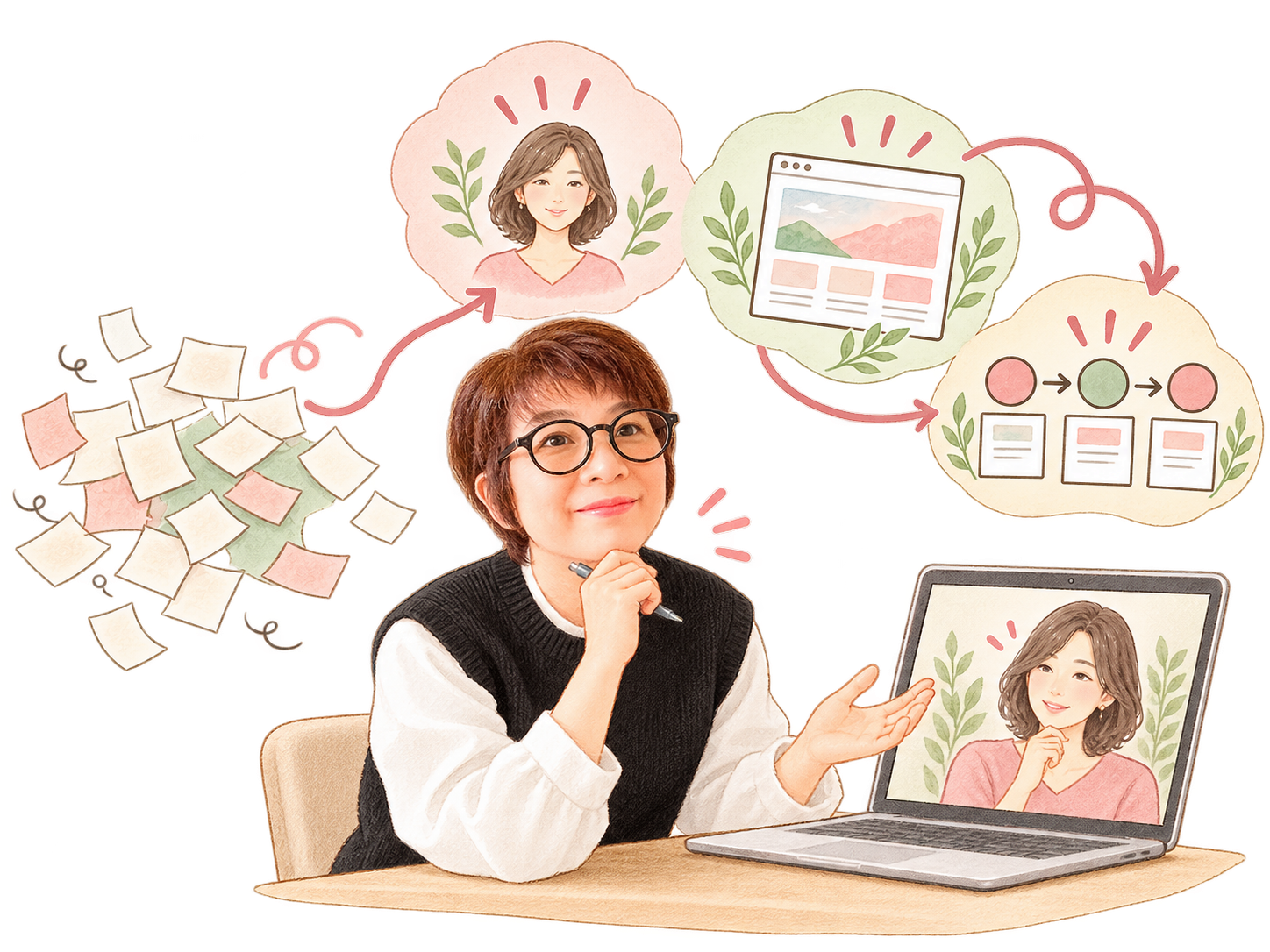 佐々木がオンラインで相談しながら、届けたい相手、伝える内容、ホームページの作り方を整理する様子